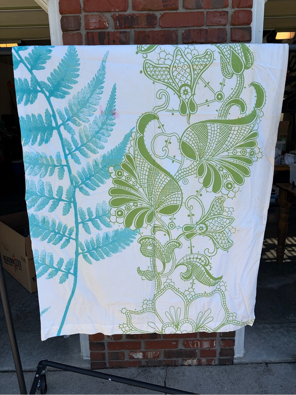 Anthropologie White Shower Curtain with Aqua Fern and Lime Floral Motif